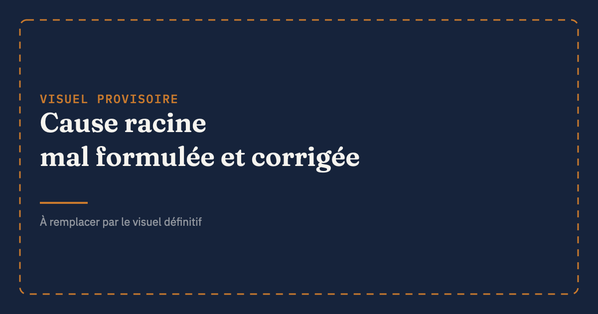 Comparaison côte à côte d'une cause racine mal formulée et de sa version corrigée avec date, acteur, mécanisme et conséquence